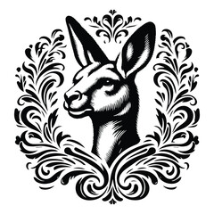 Kangaroo with victorian flourish decoration, stencil logo, black and white animal illustration