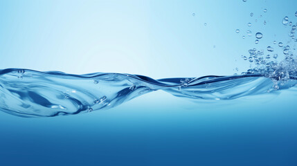 A blue ocean with a wave and lots of water droplets