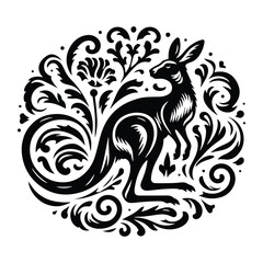 Fototapeta premium Kangaroo with victorian flourish decoration, stencil logo, black and white animal illustration