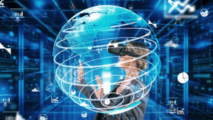 Woman looking around analyzed world finance data through VR glasses uploading turn around global interface digital infographic network technology virtual 3D reality animation at server. Contraption.