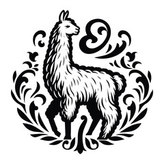 Fototapeta premium Llama with victorian flourish decoration, stencil logo, black and white animal illustration