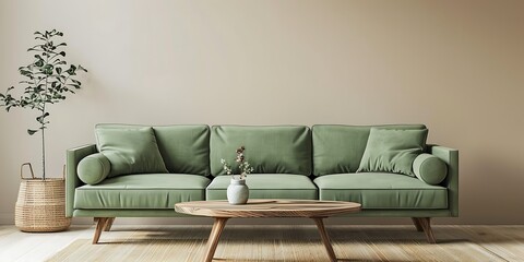 Modern living room design showcasing a light green sofa and wooden coffee table against a minimalist beige wall. 