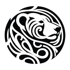 Polar bear with art nouveau decoration, stencil logo, black and white animal illustration