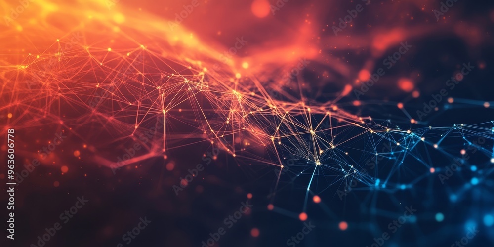 Poster a vibrant digital network features glowing nodes and interconnected lines, creating a mesmerizing vi
