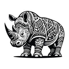 Fototapeta premium Rhinoceros in zentangle art, stencil logo, black and white animal illustration