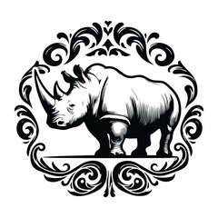 Fototapeta premium Rhinoceros with victorian flourish decoration, stencil logo, black and white animal illustration