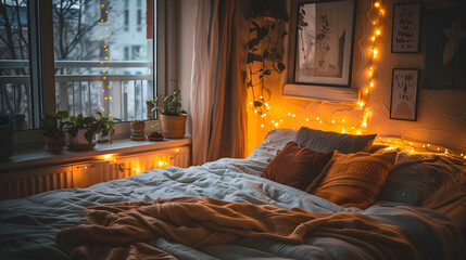A comfortable bed with a fluffy comforter surrounded by twinkling lights in a cozy bedroom.