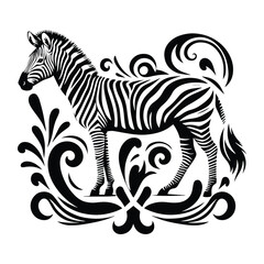 Obraz premium Zebra with victorian flourish decoration, stencil logo, black and white animal illustration