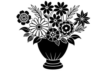 Floral bouquet, flowers in vase. Gorgeous garden rose and wildflowers bunch. Delicate blossoms arrangement. Romantic natural summer decoration. Flat vector silhouette on white background.