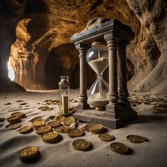time, hourglass, clock, sand, money, glass, business, sandglass, timer, dollar, currency, hour, object, finance, concept, watch, wealth, cash, sand-glass, hour-glass, gold, wood, success, 3d, bank