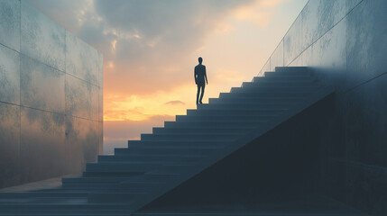 Person walking on the infinite stair without any rail, human on the stairs