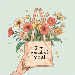Illustration featuring a hand holding a tote bag adorned with the uplifting message "I'm proud of you!" with a vibrant bouquet of flowers