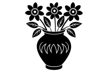 Floral bouquet, flowers in vase. Gorgeous garden rose and wildflowers bunch. Delicate blossoms arrangement. Romantic natural summer decoration. Flat vector silhouette on white background.