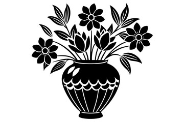 Floral bouquet, flowers in vase. Gorgeous garden rose and wildflowers bunch. Delicate blossoms arrangement. Romantic natural summer decoration. Flat vector silhouette on white background.