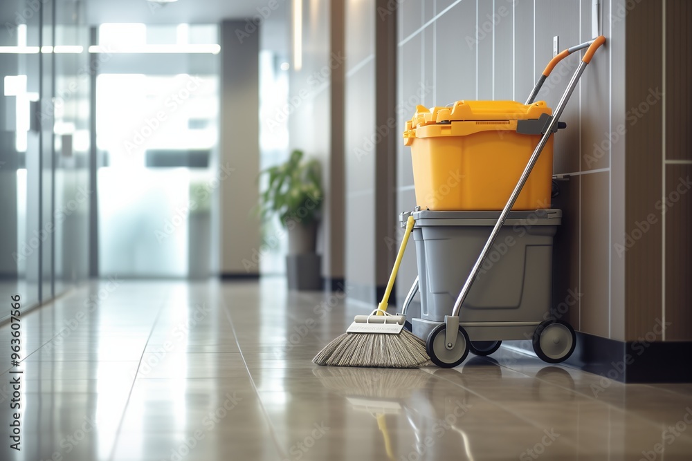 Wall mural A cleaning cart loaded with a mop and broom stands in the hallway of a office building, copy space 