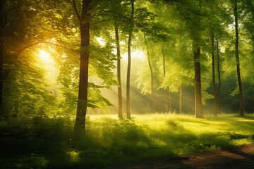 Fototapeta premium A bright sunny day with a beautiful green forest in the background. The sun is shining brightly on the leaves of the trees, creating a warm and inviting atmosphere 