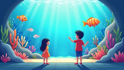 Naklejka premium Vibrant aquarium scene with colorful fish coral reefs and children peering through glass in a modern flat style