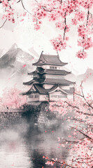 Obraz premium A serene Japanese castle, adorned with delicate cherry blossoms, stands majestically against the backdrop of snow-capped mountains. The soft pink petals gently drift down onto the still water, creatin