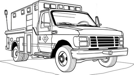 Clean line art of an ambulance car isolated on a white background for kids.