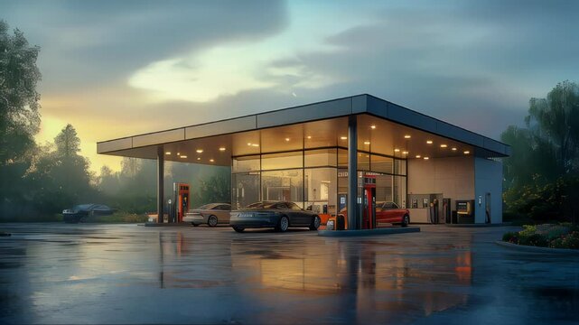 A brightly lit gas station reflecting on a wet surface at dusk, creating a vibrant scene