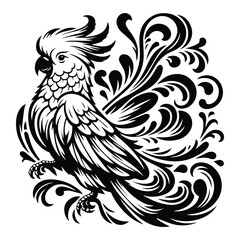 Obraz premium Cockatoo bird with victorian flourish decoration, stencil logo, black and white animal illustration
