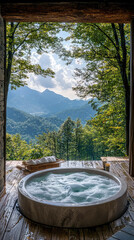 Relaxing outdoor bath with mountain views.