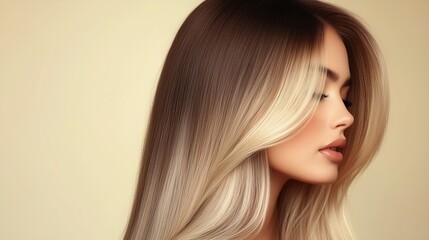Naklejka premium Side profile of a beautiful woman with multi-toned ombre hair, blending from dark brown to blonde, styled smooth and straight against a warm, neutral background.