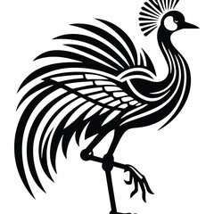 Naklejka premium Crowned Crane bird with art deco decoration, stencil logo, black and white animal illustration ,