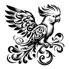 Obraz premium Cockatoo bird with victorian flourish decoration, stencil logo, black and white animal illustration
