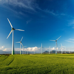 Fototapeta premium Large wind turbines generating electricity in a green field under a clear sky.