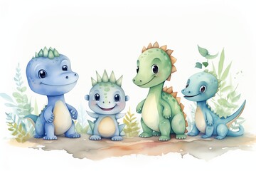 Fototapeta premium Baby Dinosaurs watercolor illustration with cute animals for nursery and baby shower 