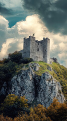 A majestic medieval stone castle perched on a hilltop, with dramatic clouds overhead and a sense of historical grandeur.