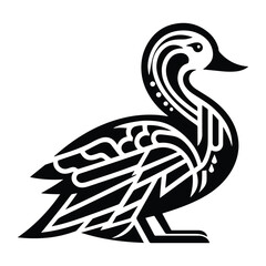 Obraz premium Duck bird with art deco decoration, stencil logo, black and white animal illustration ,