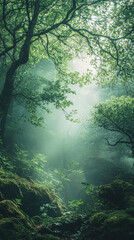 Fototapeta premium Mystical fog rolling through an ancient forest, casting an ethereal glow on the lush greenery.