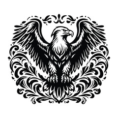 Obraz premium Eagle bird with victorian flourish decoration, stencil logo, black and white animal illustration