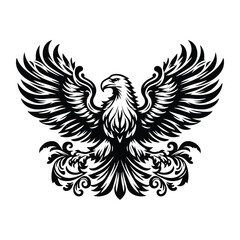 Obraz premium Eagle bird with victorian flourish decoration, stencil logo, black and white animal illustration