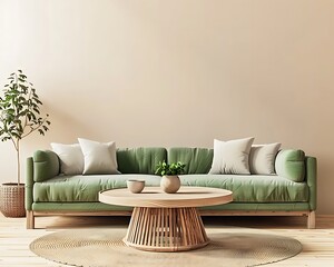 Modern living room setup with a light green sofa and wooden coffee table against a minimalist beige wall. 