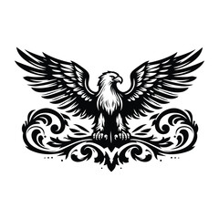 Obraz premium Eagle bird with victorian flourish decoration, stencil logo, black and white animal illustration