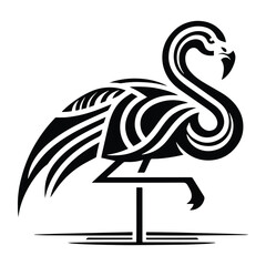 Obraz premium Flamingo bird with art deco decoration, stencil logo, black and white animal illustration ,