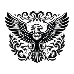 Fototapeta premium Eagle bird with victorian flourish decoration, stencil logo, black and white animal illustration