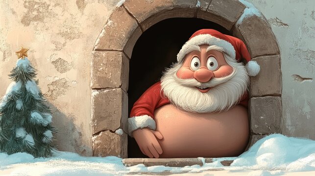 A funny cartoon Santa Claus with his belly comically stuck halfway down a narrow chimney, set against a snowy winter scene, perfect for a humorous Christmas or New Year greeting card.