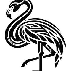 Fototapeta premium Flamingo bird with art deco decoration, stencil logo, black and white animal illustration ,
