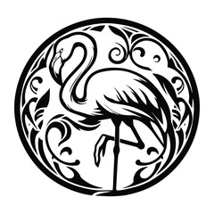 Flamingo bird with art nouveau decoration, stencil logo, black and white animal illustration