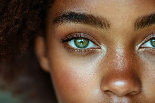 close-up of a african american woman with beautiful green eyes and a beautiful natural eyebrow 