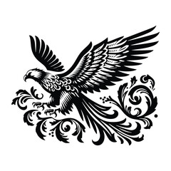 Fototapeta premium Hawk bird with victorian flourish decoration, stencil logo, black and white animal illustration