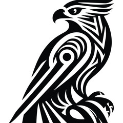 Fototapeta premium Hawk bird with art deco decoration, stencil logo, black and white animal illustration ,