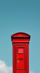 A classic red British postbox stands tall against a bright blue sky, creating a sense of nostalgia and tradition.