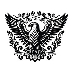 Obraz premium Hawk bird with victorian flourish decoration, stencil logo, black and white animal illustration