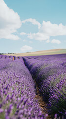 Fototapeta premium A field of lavender flowers in full bloom under a blue sky with white clouds. The flowers are arranged in rows, and the field stretches out to the horizon.
