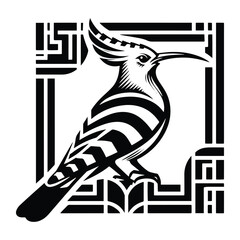 Hoopoe bird with art deco decoration, stencil logo, black and white animal illustration